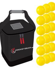 18 zaalhockeyballen geel incl. Hockeygear.eu tas zwart